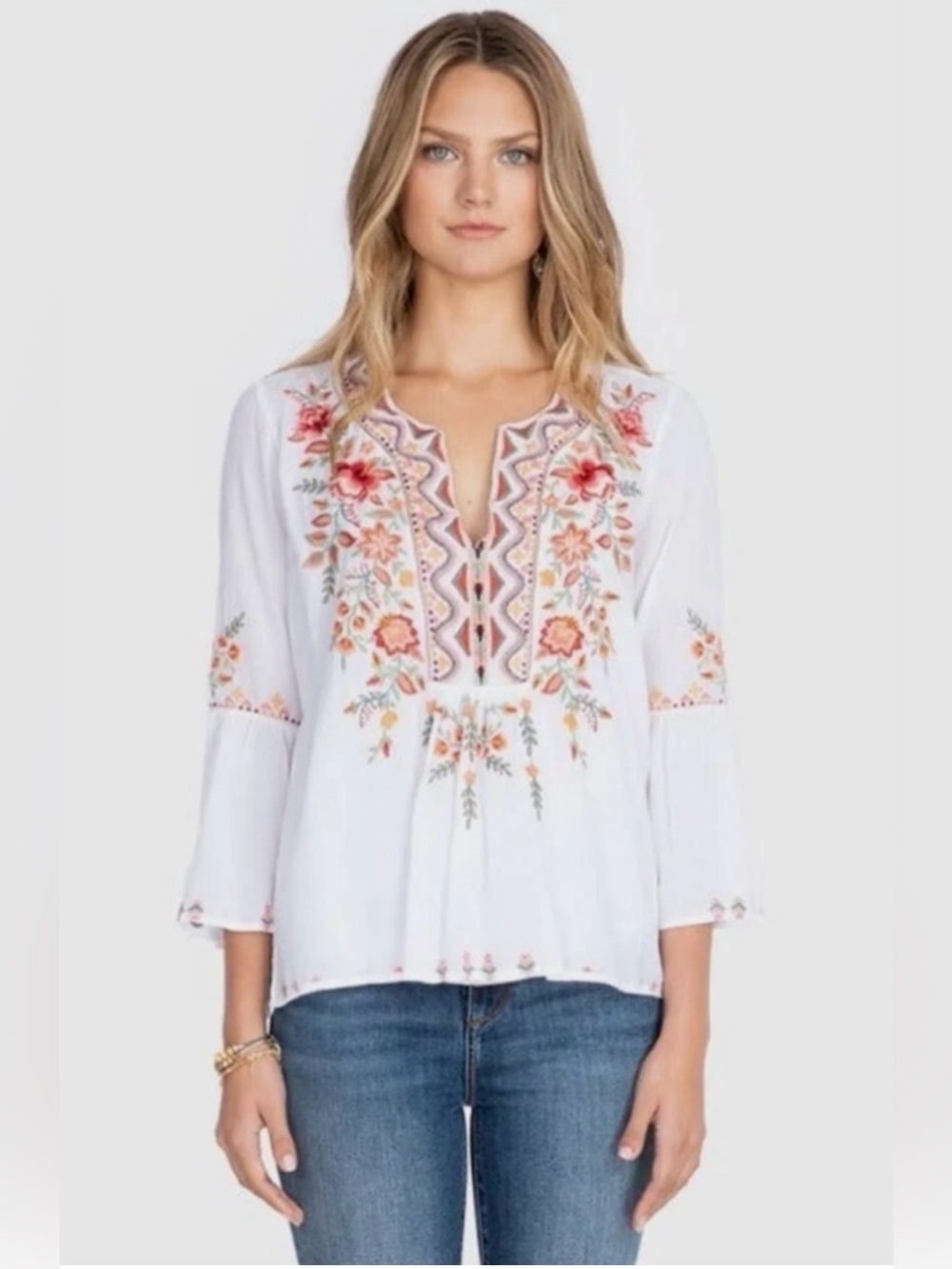 Johnny Was Alise White Floral  Embroidered Boho Blouse Sz Small